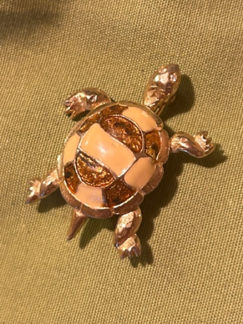 Vintage Gold Tone Enamel Turtle Brooch Amber Rhinestone Turtle Pin